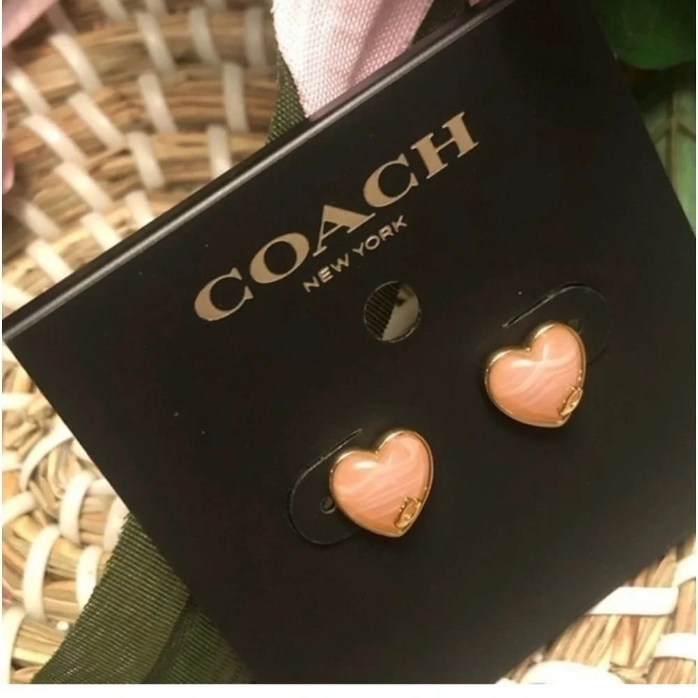 Coach Gold Heart Stud Earrings Enamel Logo Classic Jewelry NWT - Picture 3 of 5